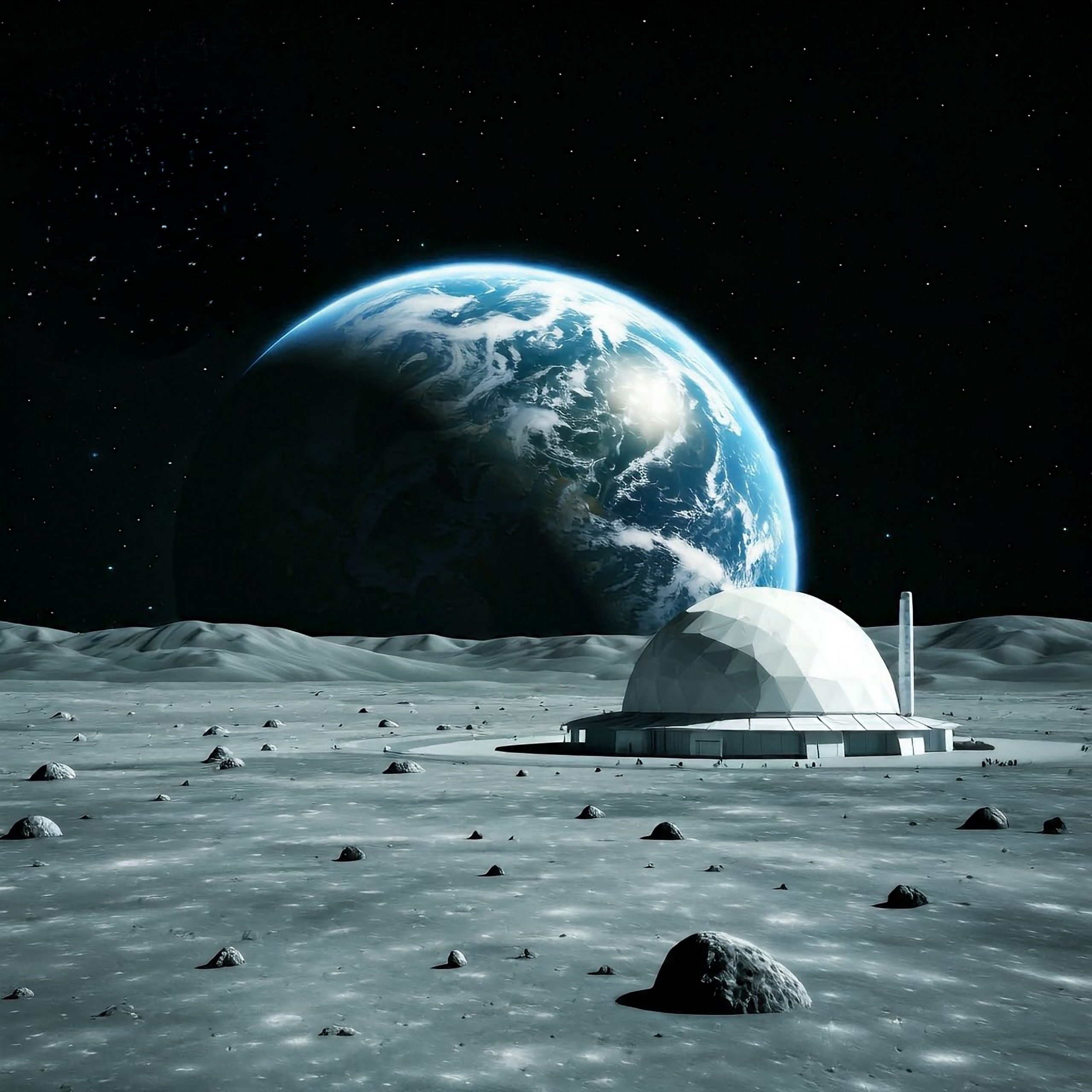 An advanced moon base with Earth in the background.